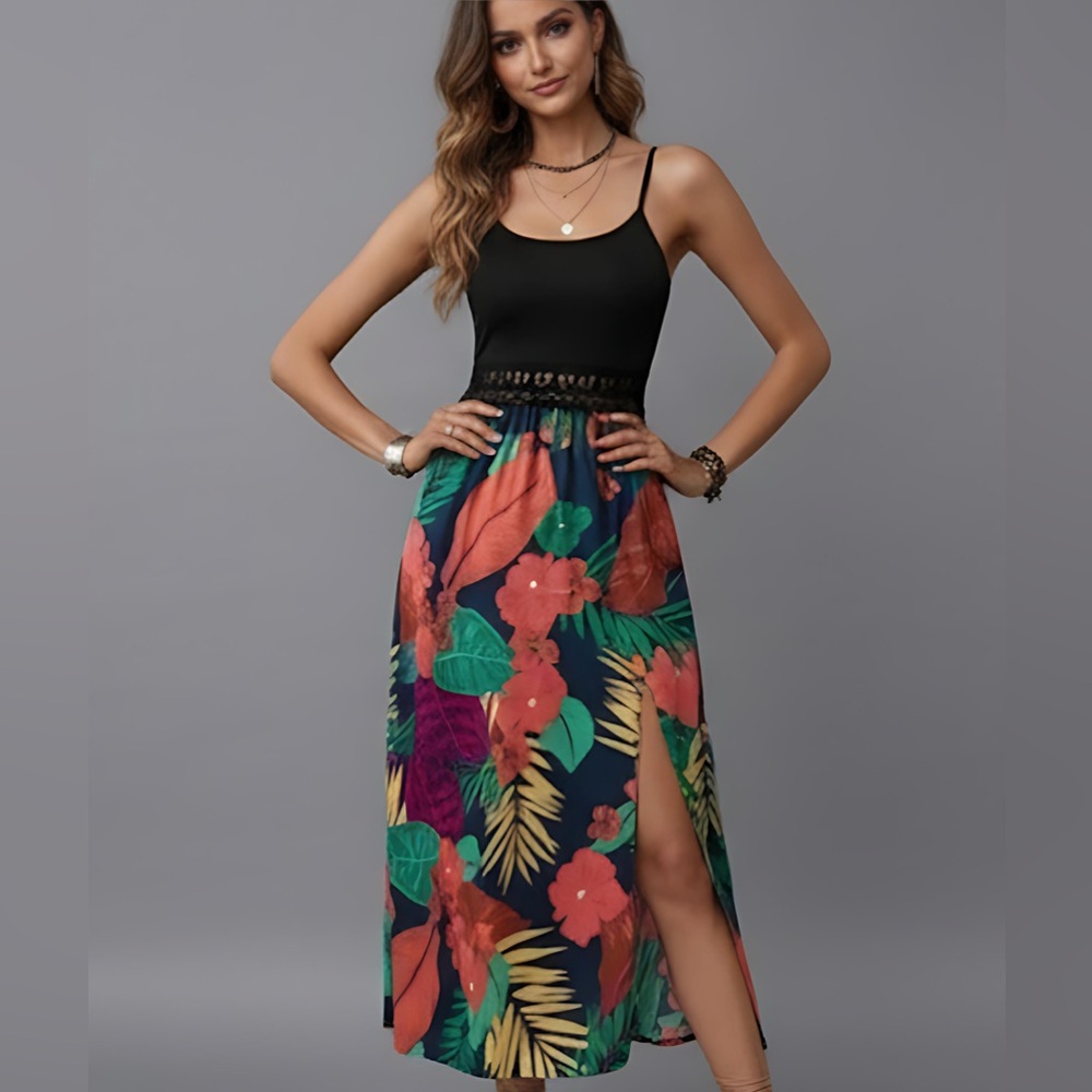 LAST ONE 🔥 Tropical Floral Split Thigh Cami Dress